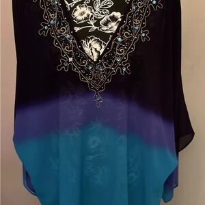 Midnight Velvet Sheer, Shawl Dress XL Blue, Purple Embroidered With Beads